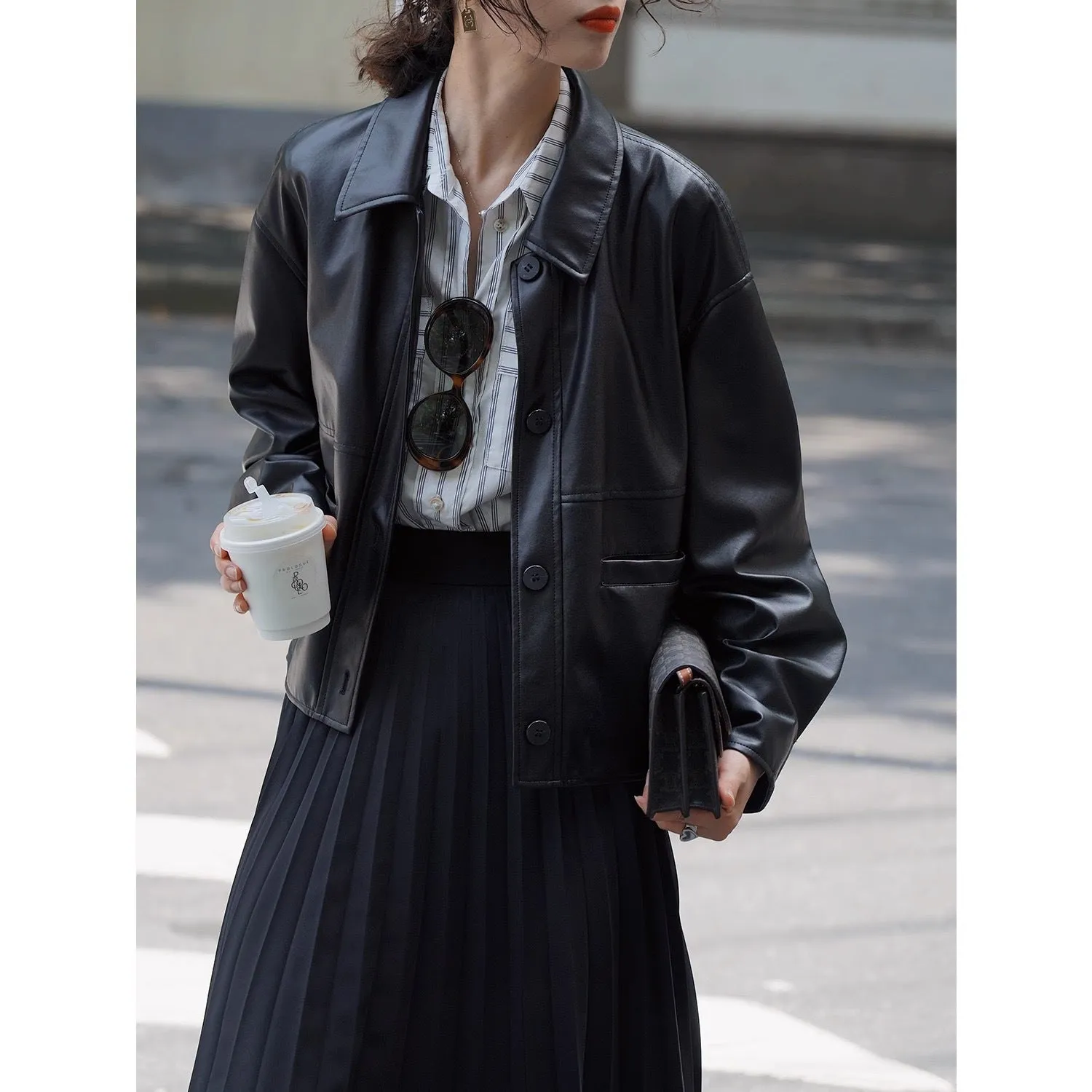 Uniwim 90s streetwear New Maillard Style Black Leather Coat for Women New American Retro Imitation Loose Short Jacket Jacket