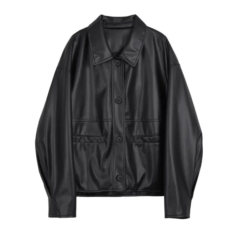 Uniwim 90s streetwear New Maillard Style Black Leather Coat for Women New American Retro Imitation Loose Short Jacket Jacket