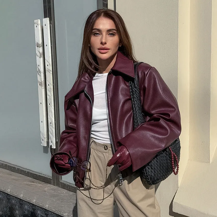 Uniwim moto jacket outfit Retro Motorcycle Style Wine Red Leather Coat for Women 2024 Autumn Fashionable Matte Leather Jacket Coat for Women