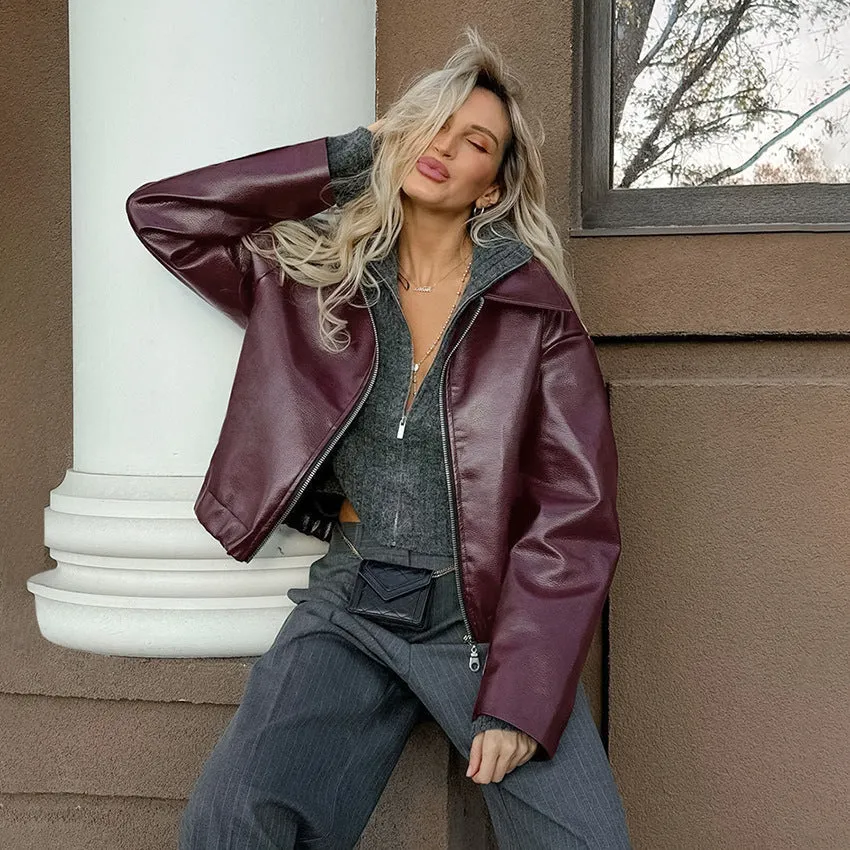 Uniwim moto jacket outfit Retro Motorcycle Style Wine Red Leather Coat for Women 2024 Autumn Fashionable Matte Leather Jacket Coat for Women