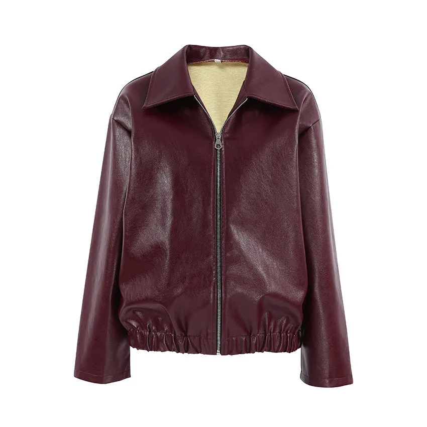 Uniwim moto jacket outfit Retro Motorcycle Style Wine Red Leather Coat for Women 2024 Autumn Fashionable Matte Leather Jacket Coat for Women