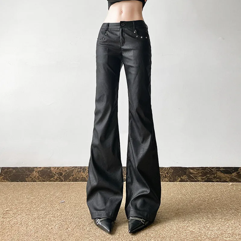 Vevesc barn jacket outfits Dark Sweet and Spicy Rivet Decorative Leather Casual Pants Sexy Low Waist Flared Pants 2024 American Street Shooting New Leather Pants