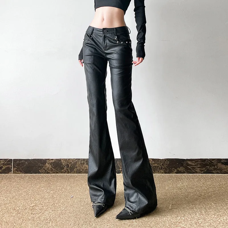 Vevesc barn jacket outfits Dark Sweet and Spicy Rivet Decorative Leather Casual Pants Sexy Low Waist Flared Pants 2024 American Street Shooting New Leather Pants