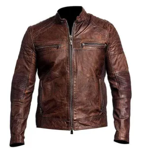 Vintage Cafe Racer Jacket Men Distressed Brown Slim fit Motorcycle Leather Jacket