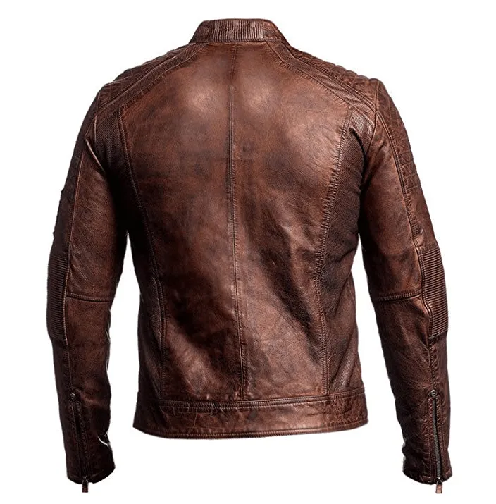 Vintage Cafe Racer Jacket Men Distressed Brown Slim fit Motorcycle Leather Jacket