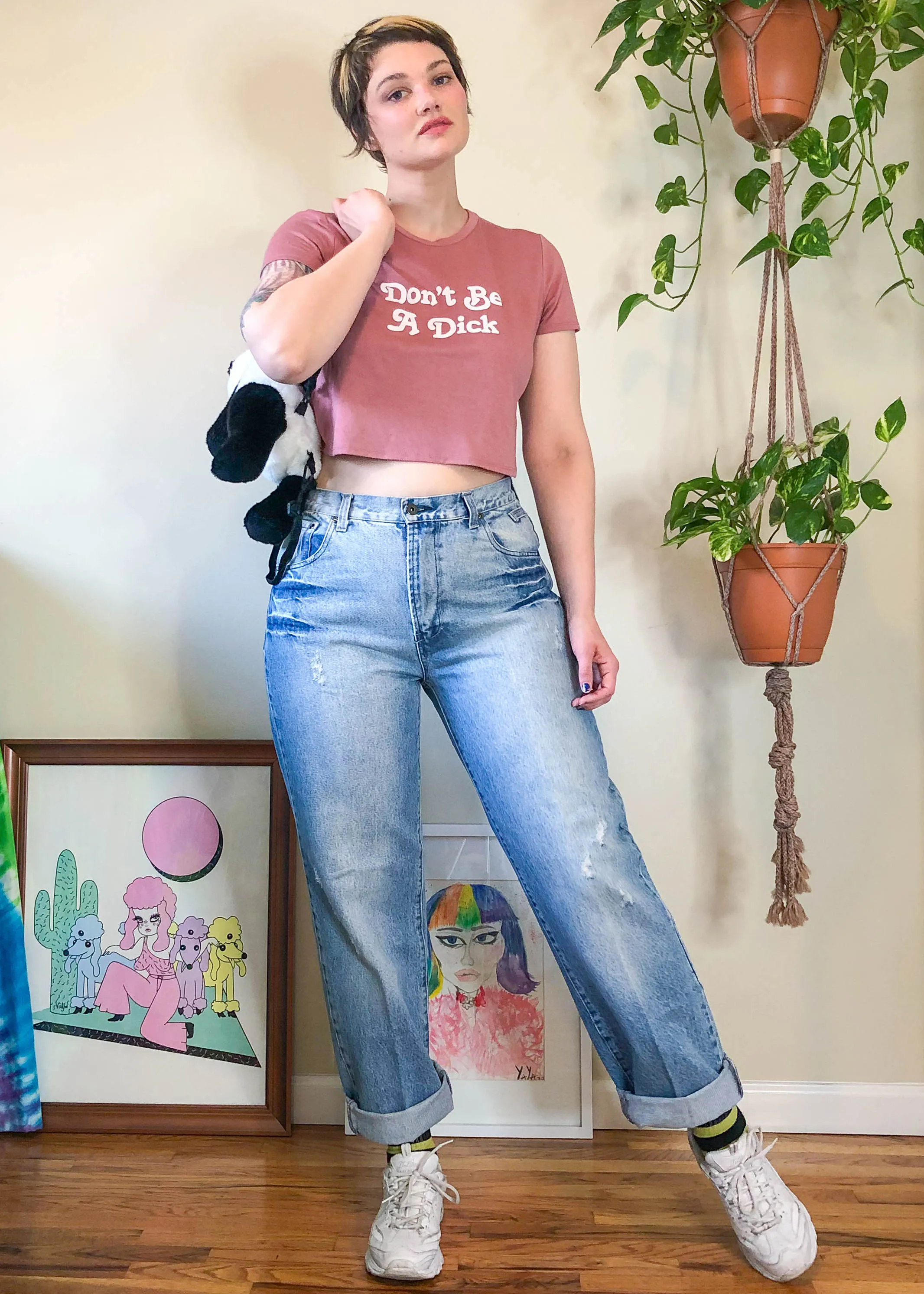 Vintage Light Wash Distressed & Sandblasted Mom Jeans - L/XL