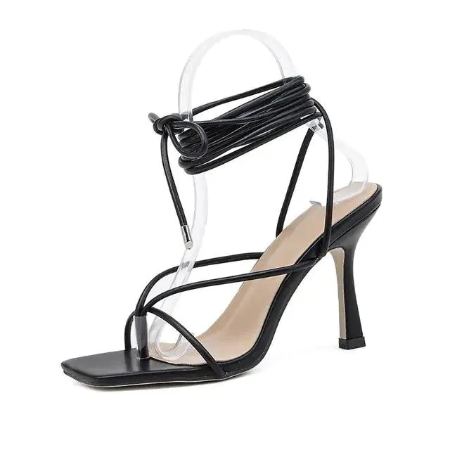 Vintage Square Toe High Heel Sandals: Cross Strap Thong Design