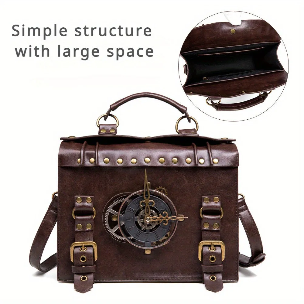 Vintage Steampunk Gear Shoulder Bag - Unique Punk Style PU Leather Messenger Crossbody Bag with Adjustable Strap and Industrial Retro Design Elements