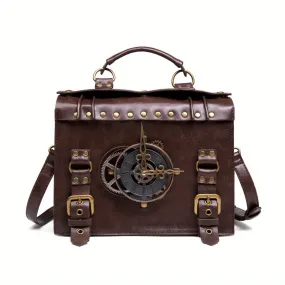 Vintage Steampunk Gear Shoulder Bag - Unique Punk Style PU Leather Messenger Crossbody Bag with Adjustable Strap and Industrial Retro Design Elements