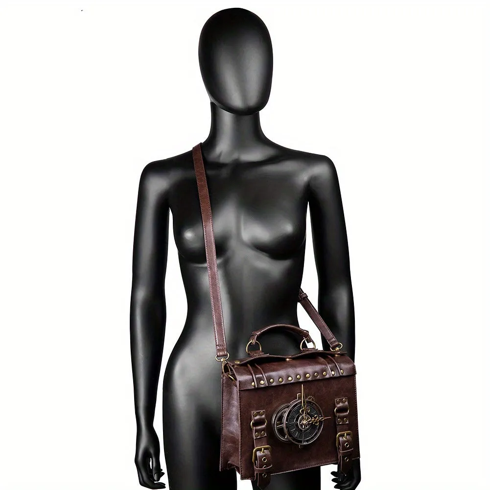 Vintage Steampunk Gear Shoulder Bag - Unique Punk Style PU Leather Messenger Crossbody Bag with Adjustable Strap and Industrial Retro Design Elements