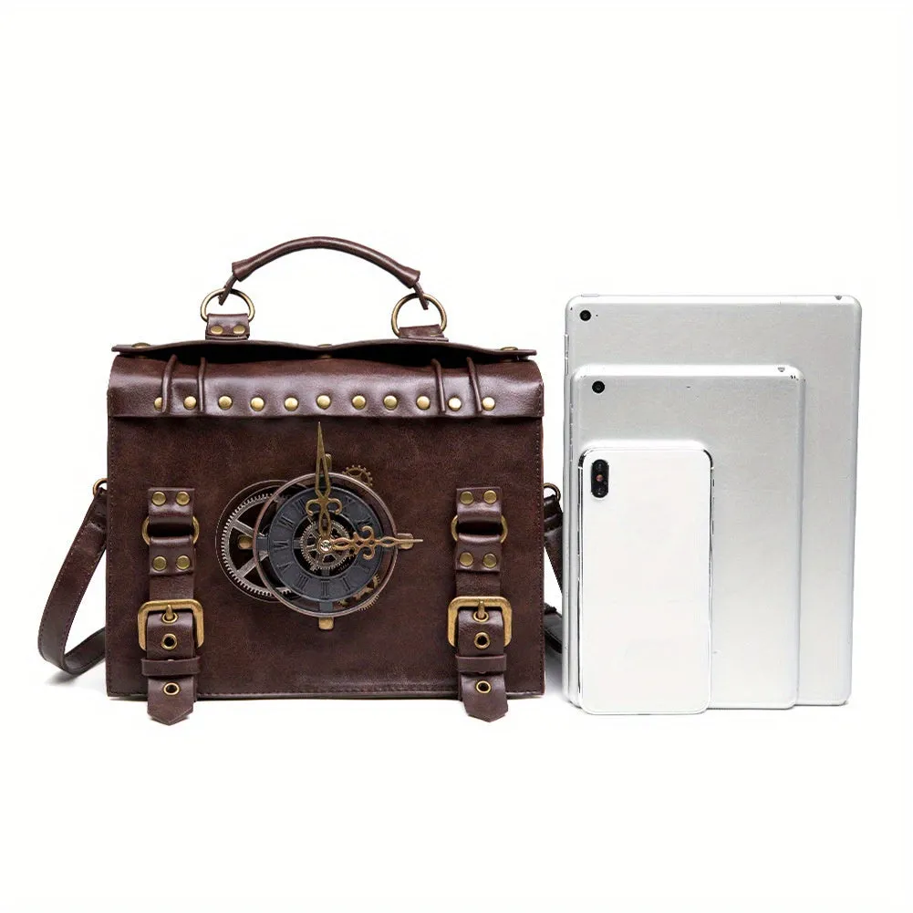 Vintage Steampunk Gear Shoulder Bag - Unique Punk Style PU Leather Messenger Crossbody Bag with Adjustable Strap and Industrial Retro Design Elements