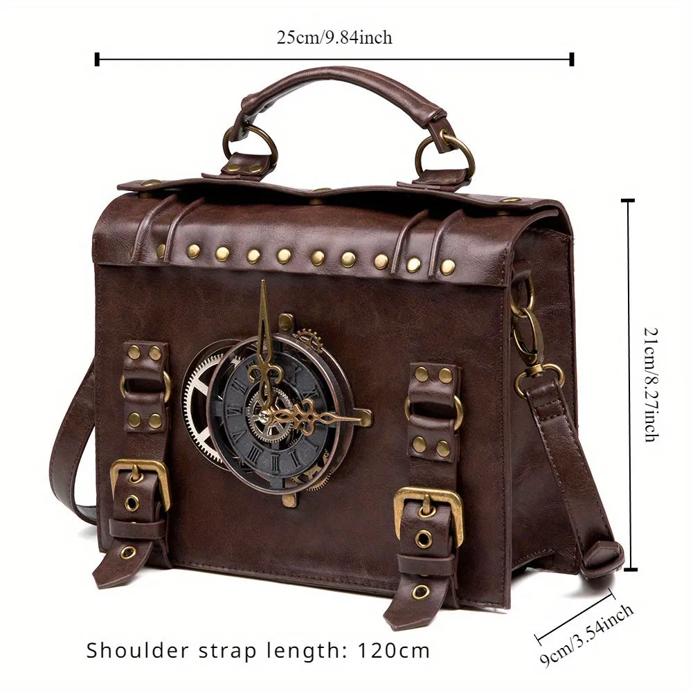 Vintage Steampunk Gear Shoulder Bag - Unique Punk Style PU Leather Messenger Crossbody Bag with Adjustable Strap and Industrial Retro Design Elements