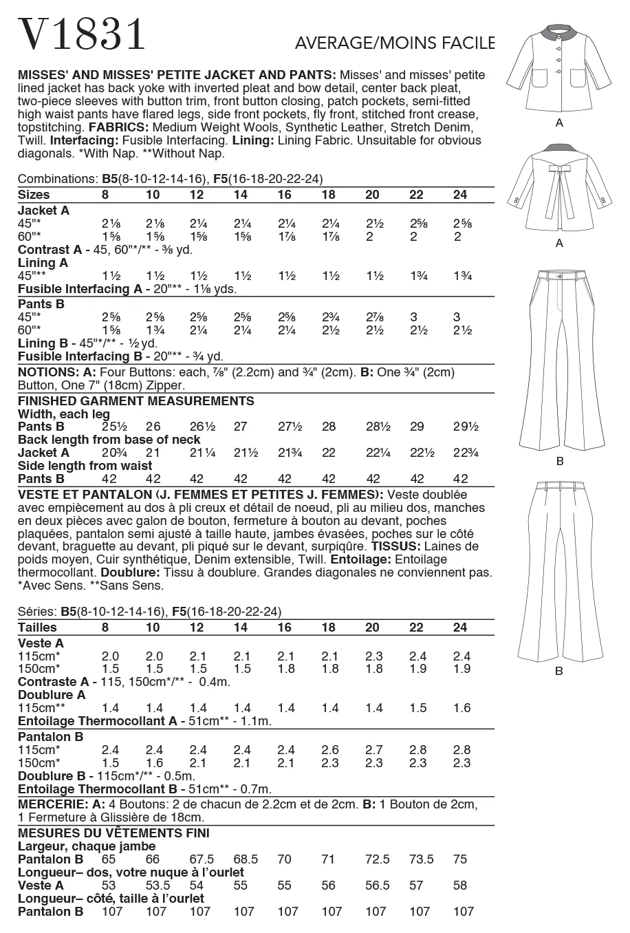 Vogue Sewing pattern 1831 Misses' / Petite Jacket and Trousers