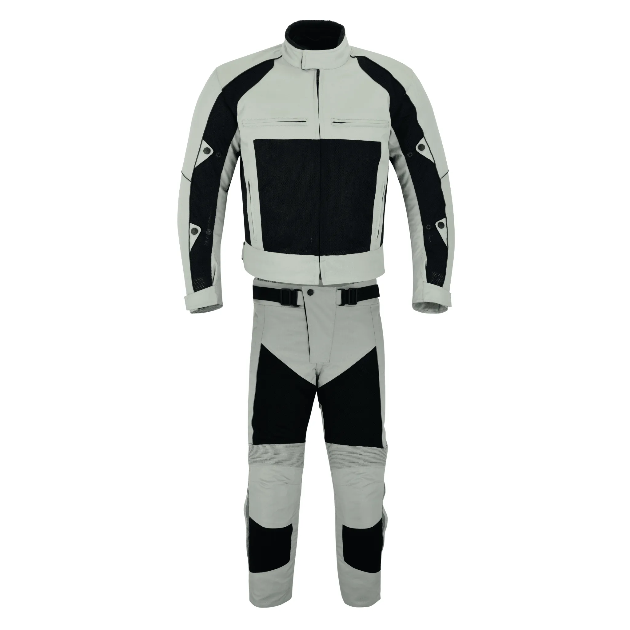 Warrior Gears® Air Mesh Motorbike Suits for Men, Breathable Textile Motorbike Jacket and Trouser with Removable Lining and CE Armours - Black & Beige