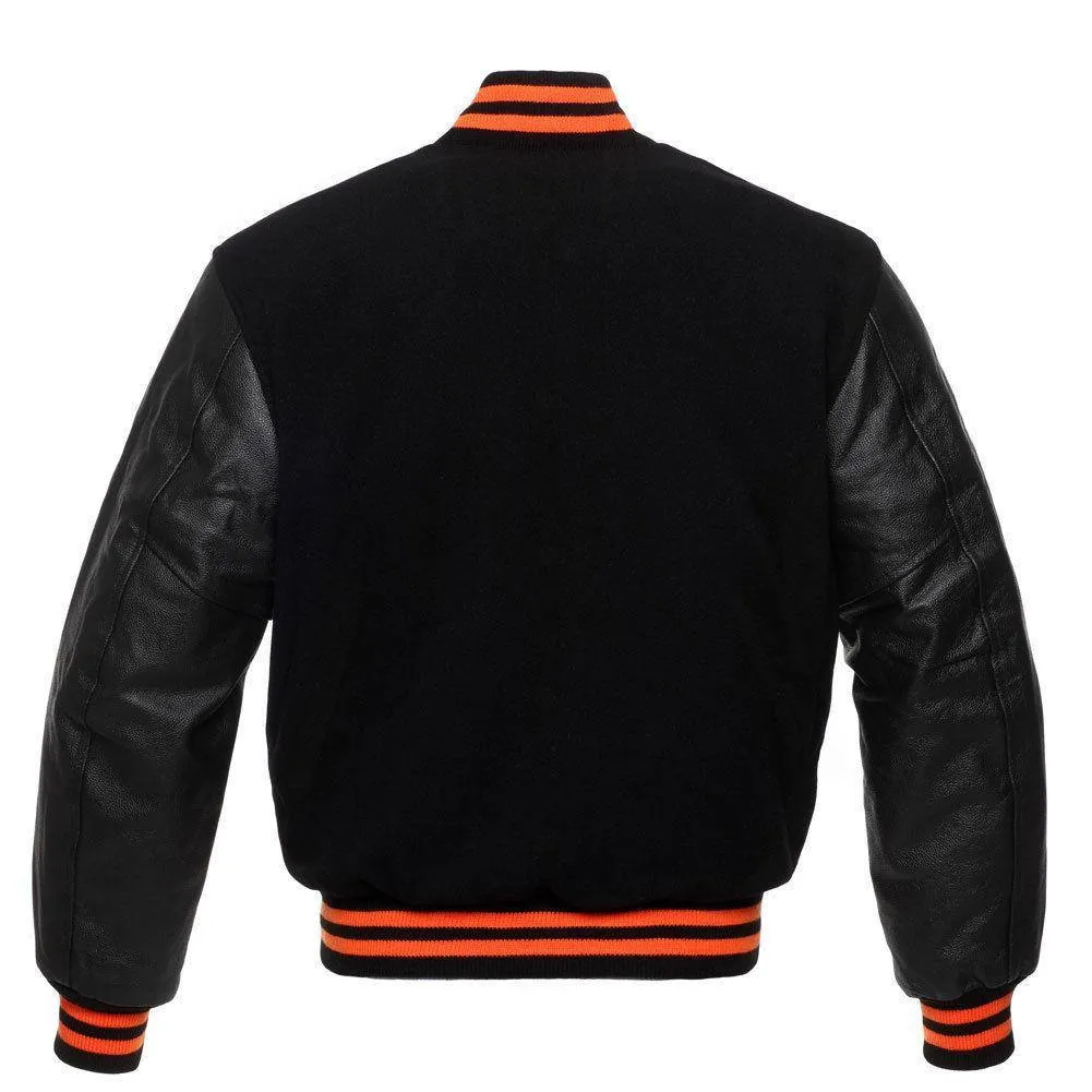 Warrior Gears Classic Hybrid Varsity Jacket for Kids, Toddler Letterman Bomber Jacket for Boys, Unisex Varsity Jacket Girls, All Black Pure Wool Body & Cowhide Leather Sleeves with Orange Ribbon