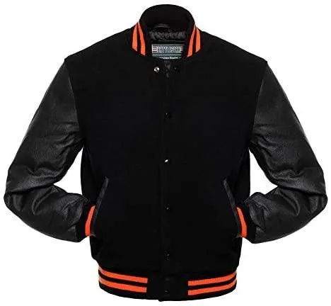 Warrior Gears Classic Hybrid Varsity Jacket for Kids, Toddler Letterman Bomber Jacket for Boys, Unisex Varsity Jacket Girls, All Black Pure Wool Body & Cowhide Leather Sleeves with Orange Ribbon