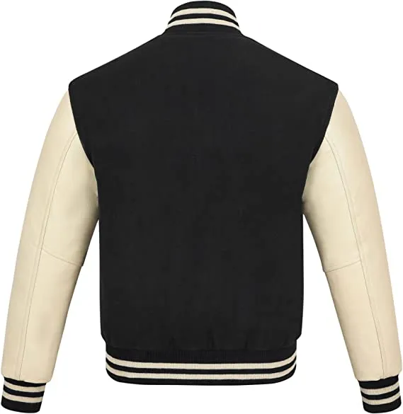 Warrior Gears Classic Hybrid Varsity Jacket for Kids, Toddler Letterman Bomber Jacket for Boys, Unisex Varsity Jacket Girls, Black Pure Wool Body & Cream Cowhide Leather Sleeves