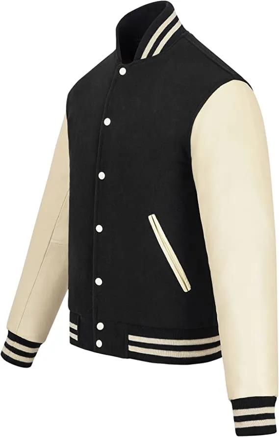 Warrior Gears Classic Hybrid Varsity Jacket for Kids, Toddler Letterman Bomber Jacket for Boys, Unisex Varsity Jacket Girls, Black Pure Wool Body & Cream Cowhide Leather Sleeves