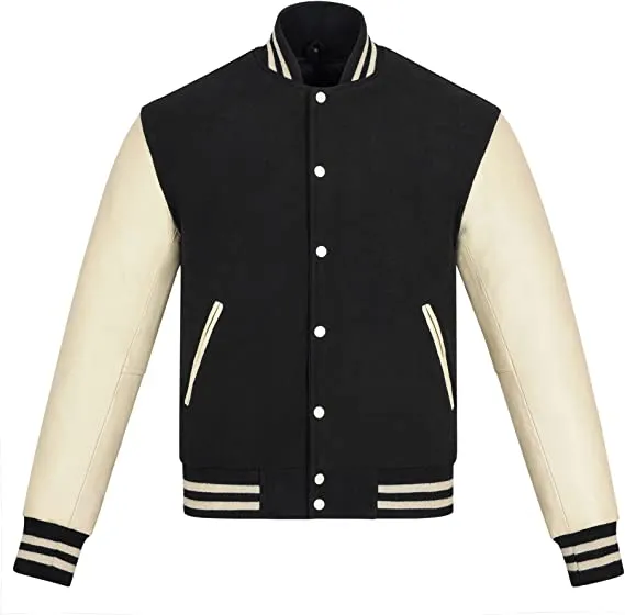 Warrior Gears Classic Hybrid Varsity Jacket for Kids, Toddler Letterman Bomber Jacket for Boys, Unisex Varsity Jacket Girls, Black Pure Wool Body & Cream Cowhide Leather Sleeves