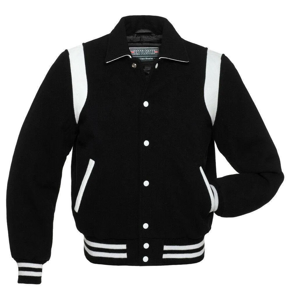 Warrior Gears Classic Hybrid Varsity Jacket for Kids, Toddler Letterman Bomber Jacket for Boys, Unisex Varsity   Jacket Girls, Black Wool Body & Black Sleeves with Collar & White Trim