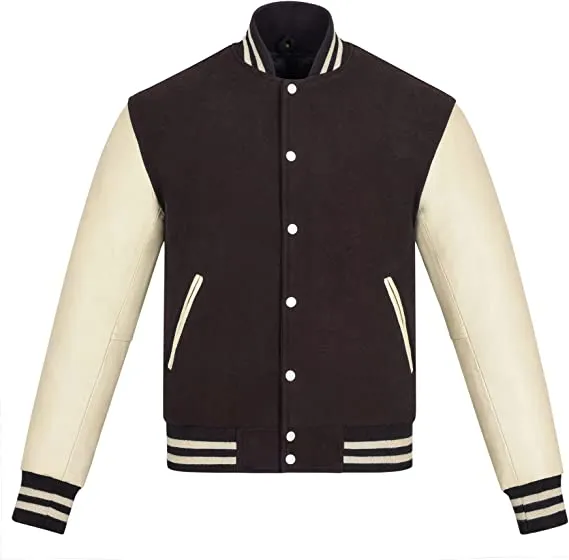 Warrior Gears Classic Hybrid Varsity Jacket for Kids, Toddler Letterman Bomber Jacket for Boys, Unisex Varsity Jacket Girls, Brown Pure Wool Body & Cream Cowhide Leather Sleeves