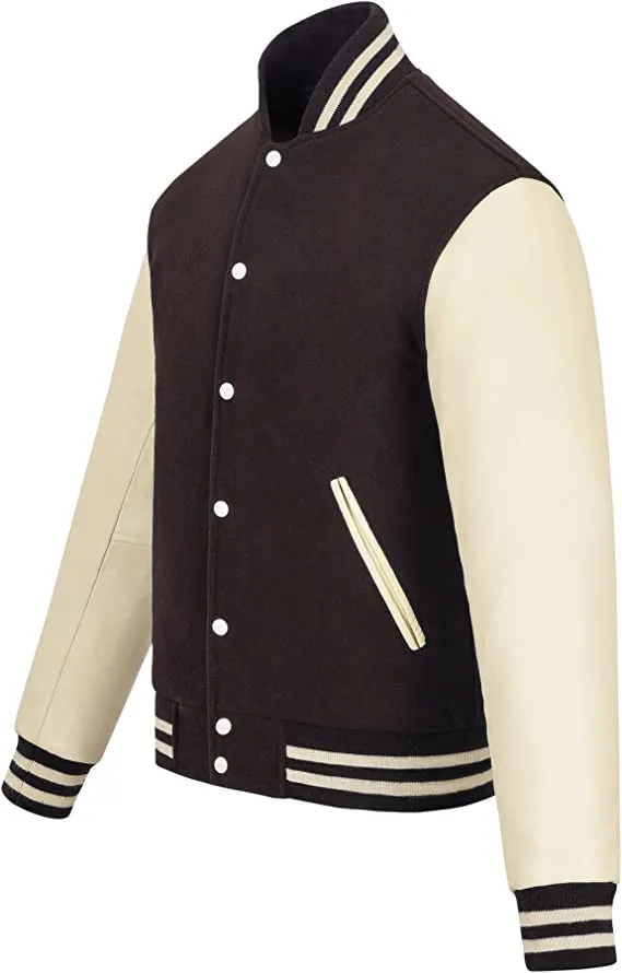 Warrior Gears Classic Hybrid Varsity Jacket for Kids, Toddler Letterman Bomber Jacket for Boys, Unisex Varsity Jacket Girls, Brown Pure Wool Body & Cream Cowhide Leather Sleeves