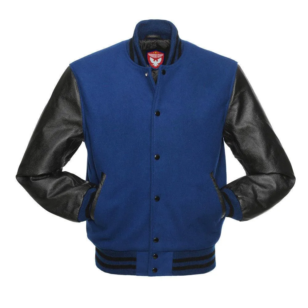 Warrior Gears Classic Hybrid Varsity Jacket for Kids, Toddler Letterman Bomber Jacket for Boys, Unisex Varsity Jacket Girls, Royal Blue Pure Wool Body & Black Cowhide Leather Sleeves