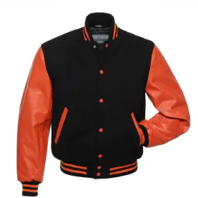 Warrior Gears Classic Hybrid Varsity Jacket University Letterman Bomber Jacket, Pure Wool & Original Cowhide Leather Jacket, Black Pure Wool Body & Orange Real Leather Sleeves