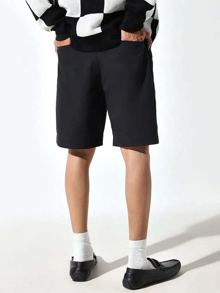 WES Casuals Black Plain Cotton Blend Relaxed Fit Shorts