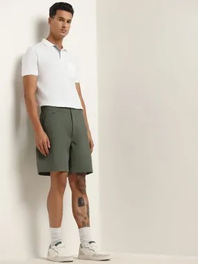 WES Casuals Green Plain Cotton Blend Relaxed Fit Shorts