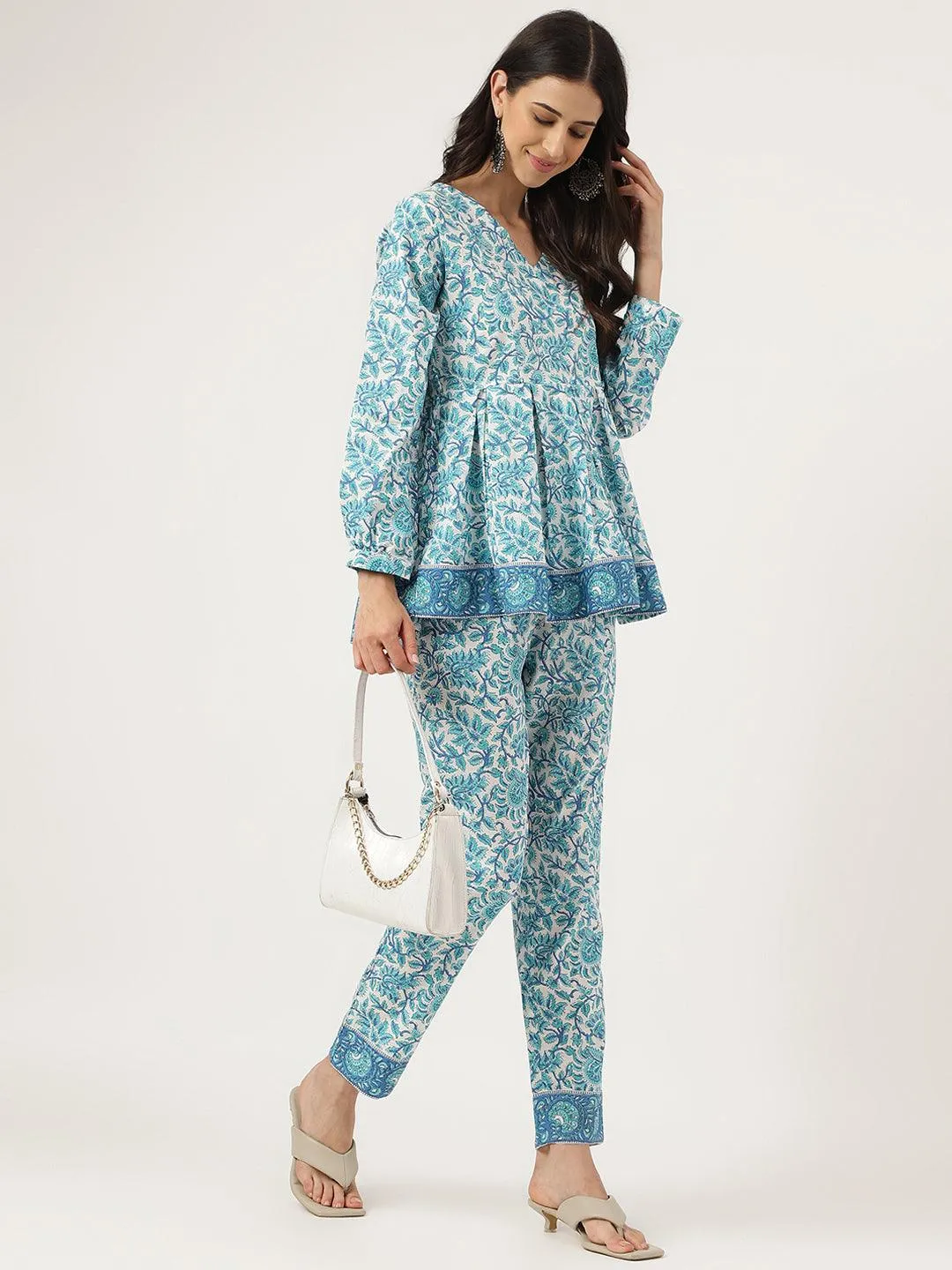 White Floral Printed Cotton Peplum Top Pant Co-Ords Sets