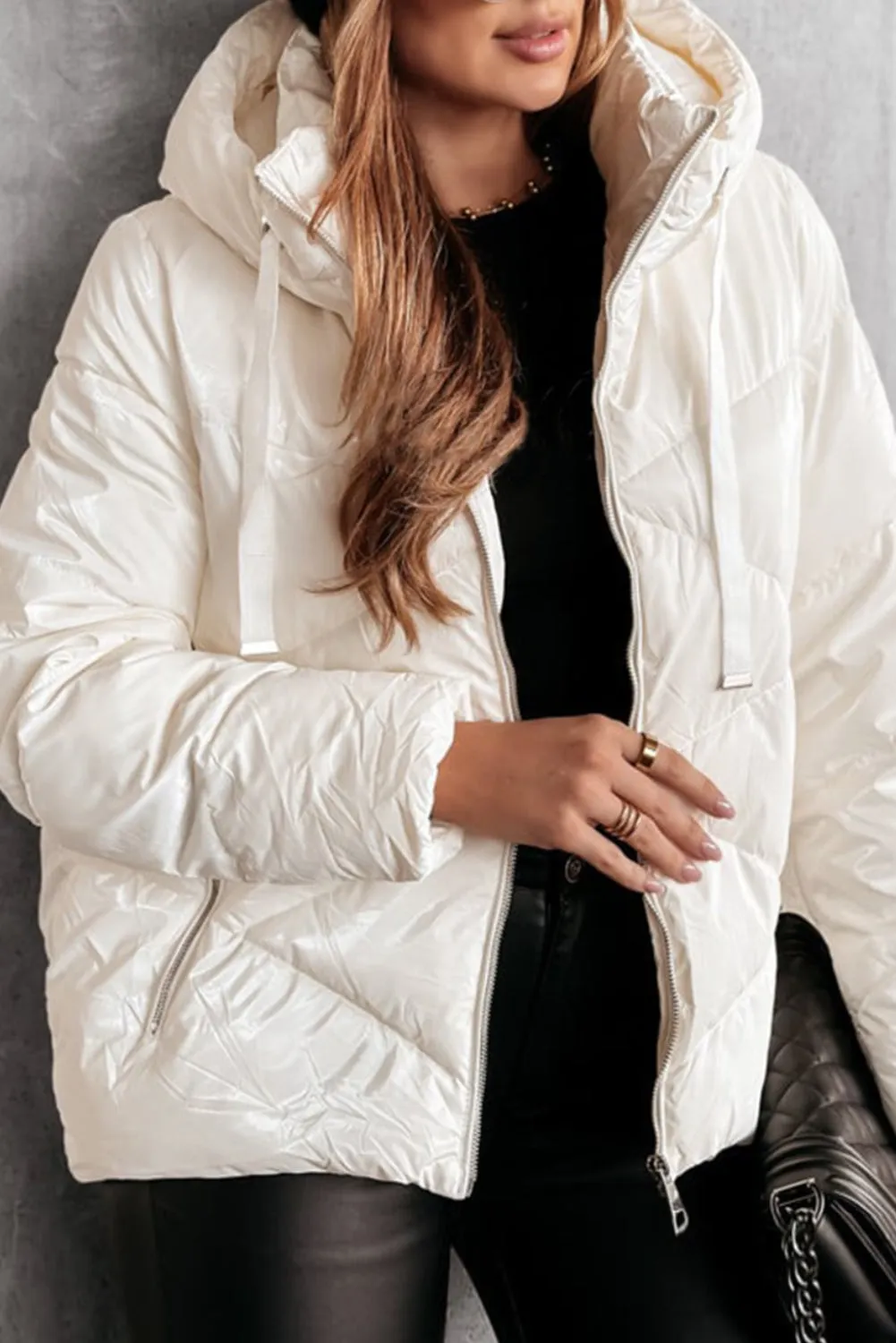 White Solid Quilted Hooded Zip Up Puffer Jackets