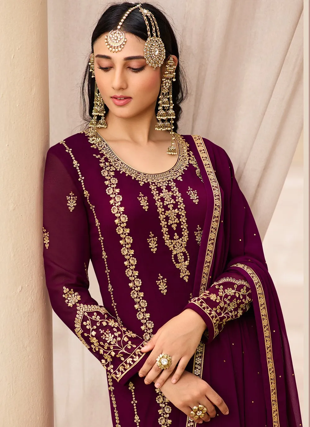 Wine & Gold Embroidered Sequins Sharara Suit