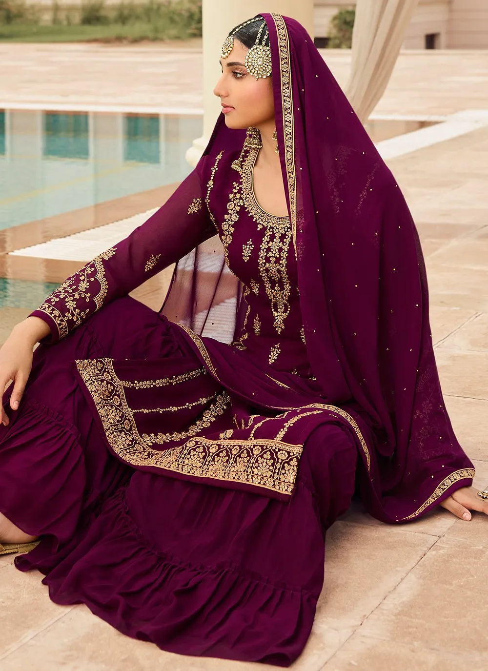 Wine & Gold Embroidered Sequins Sharara Suit