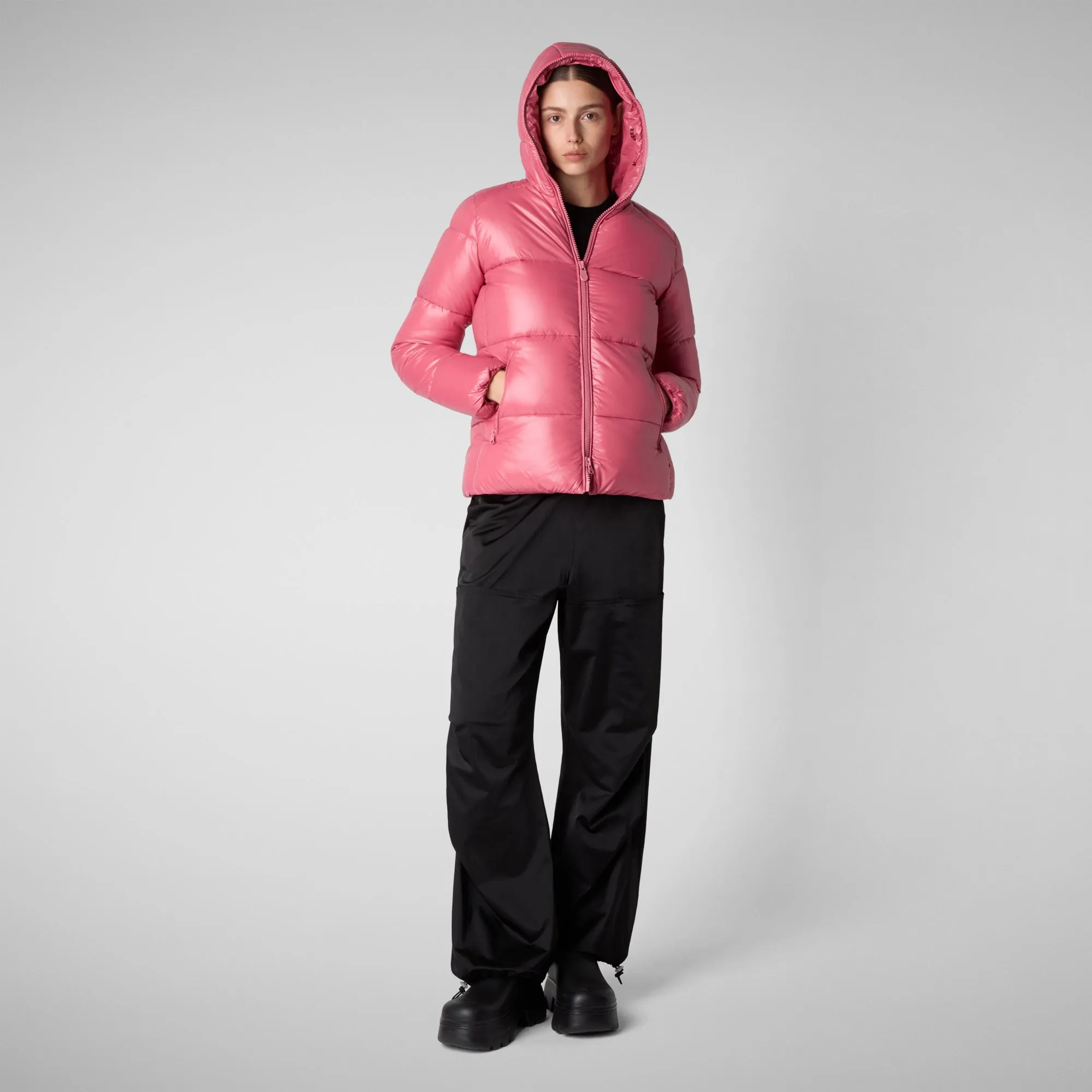 Woman's animal free hooded puffer jacket Lois in bloom pink