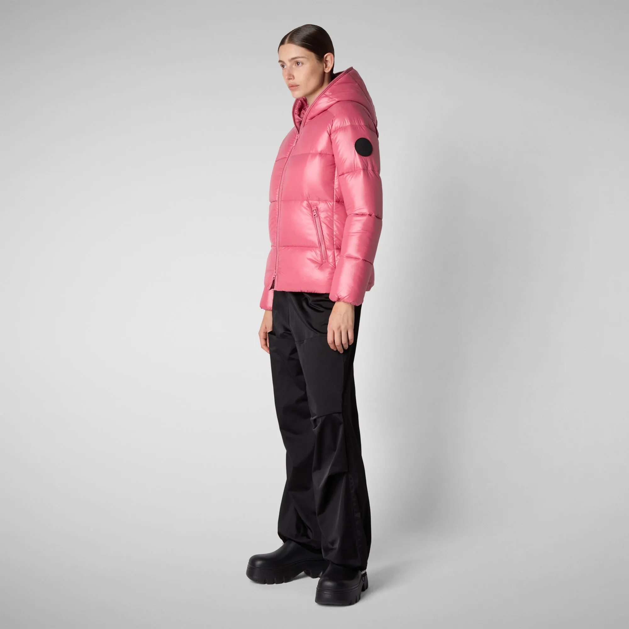 Woman's animal free hooded puffer jacket Lois in bloom pink