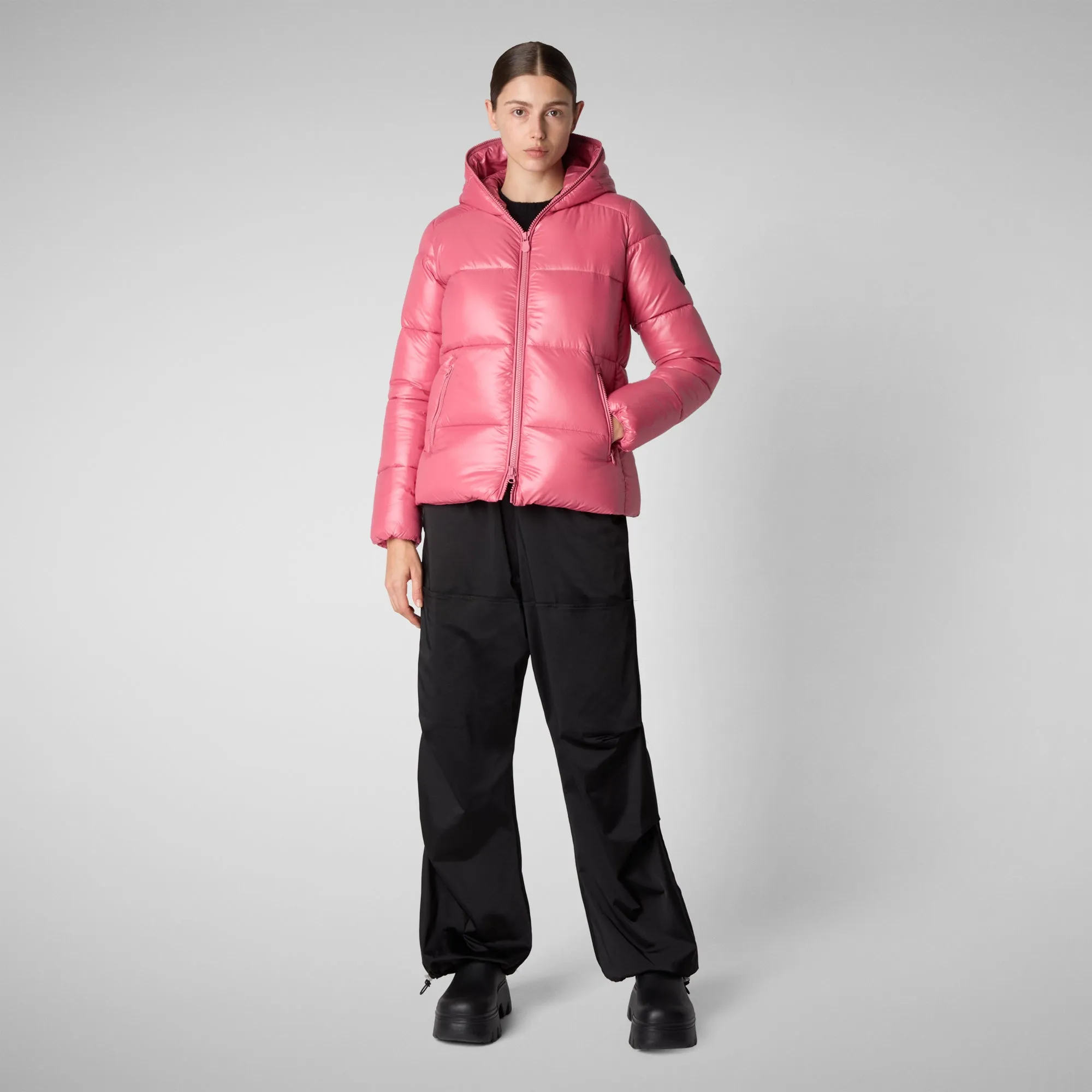 Woman's animal free hooded puffer jacket Lois in bloom pink