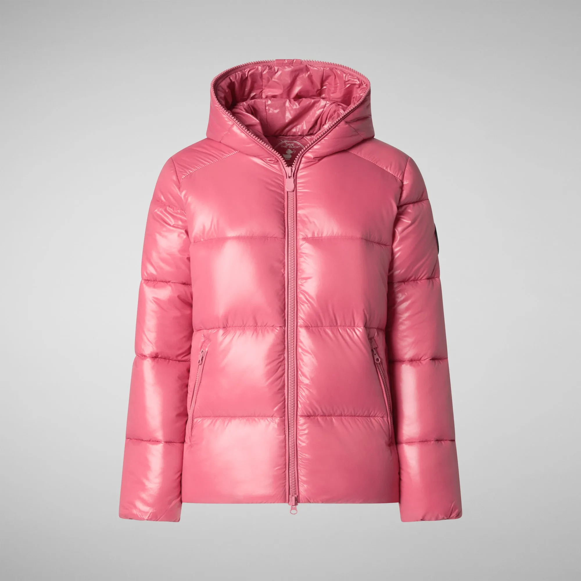 Woman's animal free hooded puffer jacket Lois in bloom pink