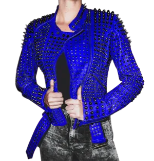 Women blue studded leather jacket,Stylish Jacket