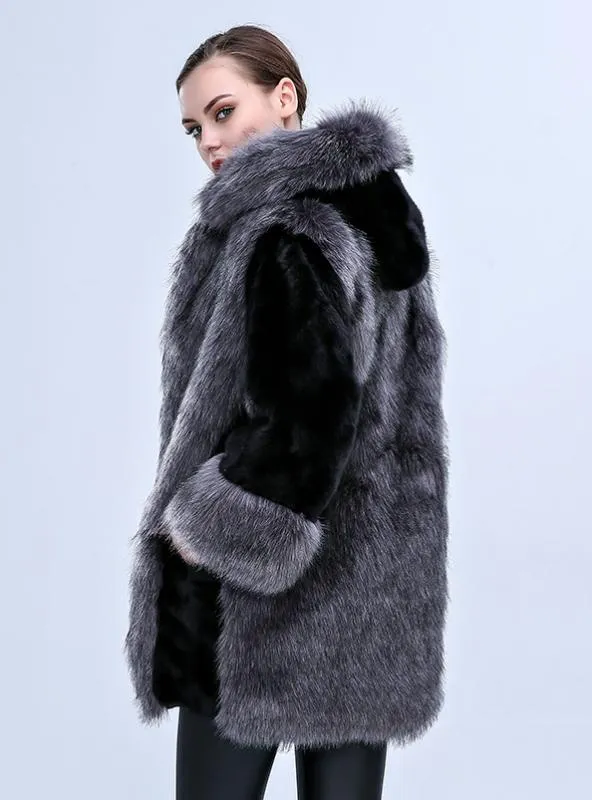 Women Long Seeve Faux Fur And Hooded Coat