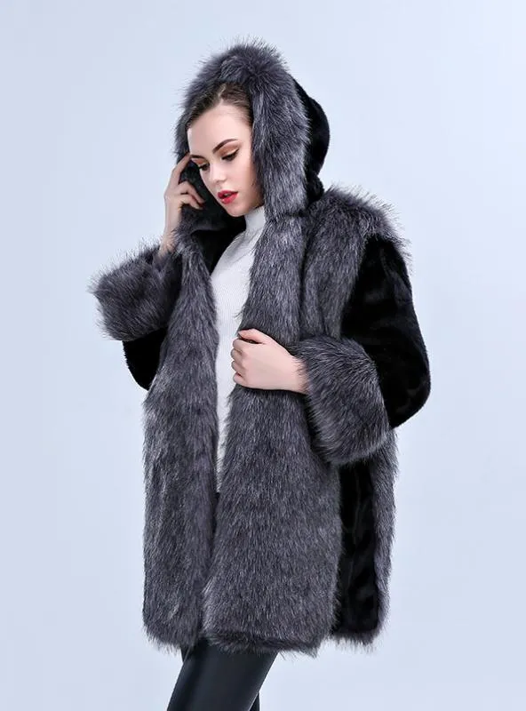 Women Long Seeve Faux Fur And Hooded Coat