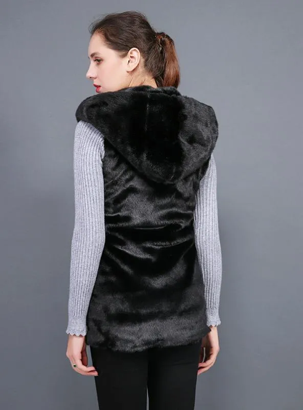 Women Long Waistcoat Female Faux Rabbit Fur Faux Hoods