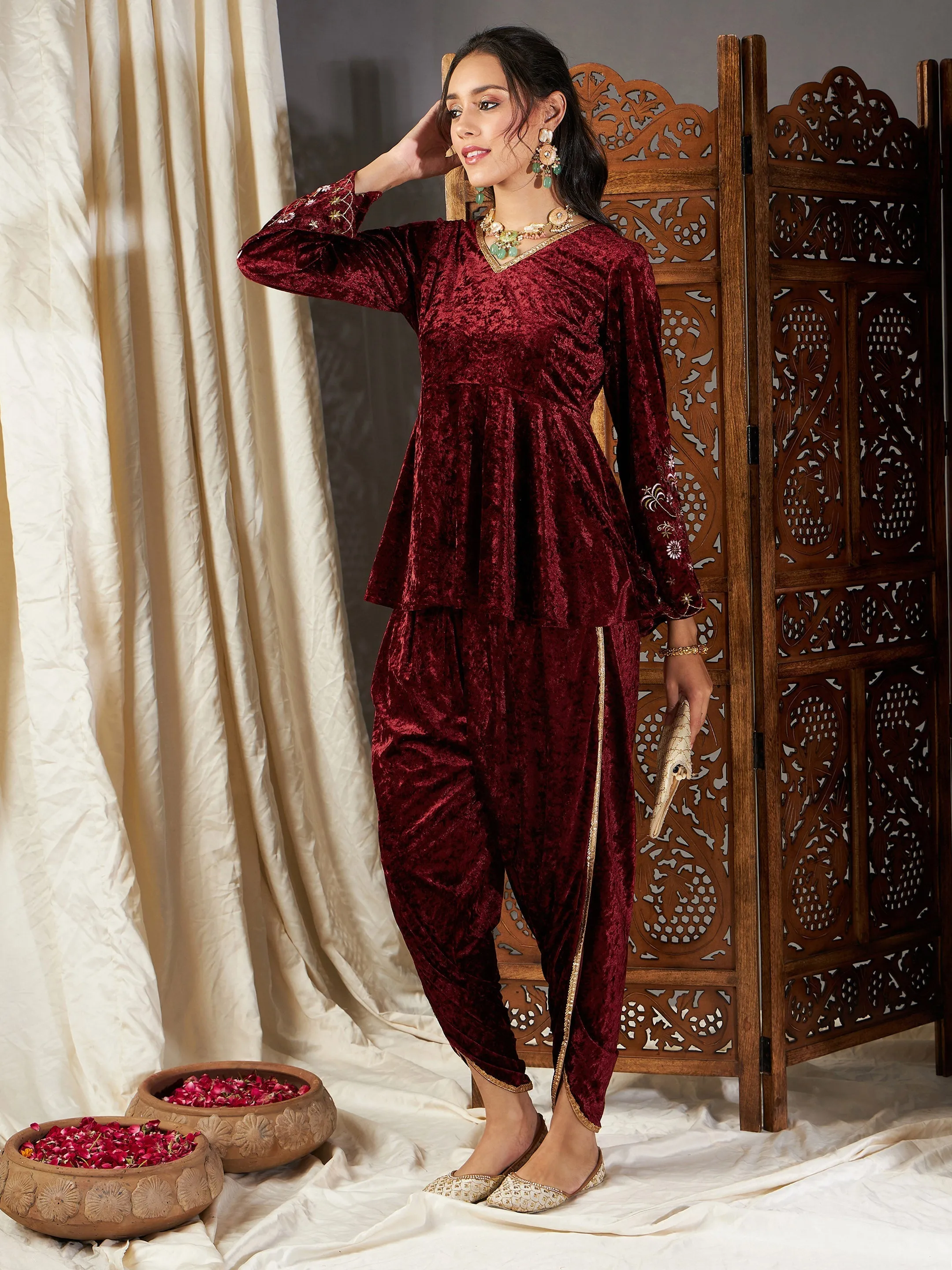 Women Maroon Velvet Embroidered Peplum Kurta With Dhoti Pants