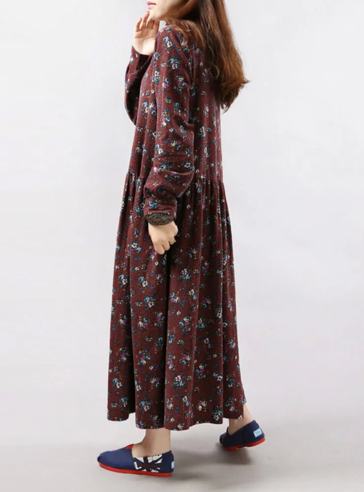 Women Vintage Floral Print Dress Long Sleeve O Neck Pockets