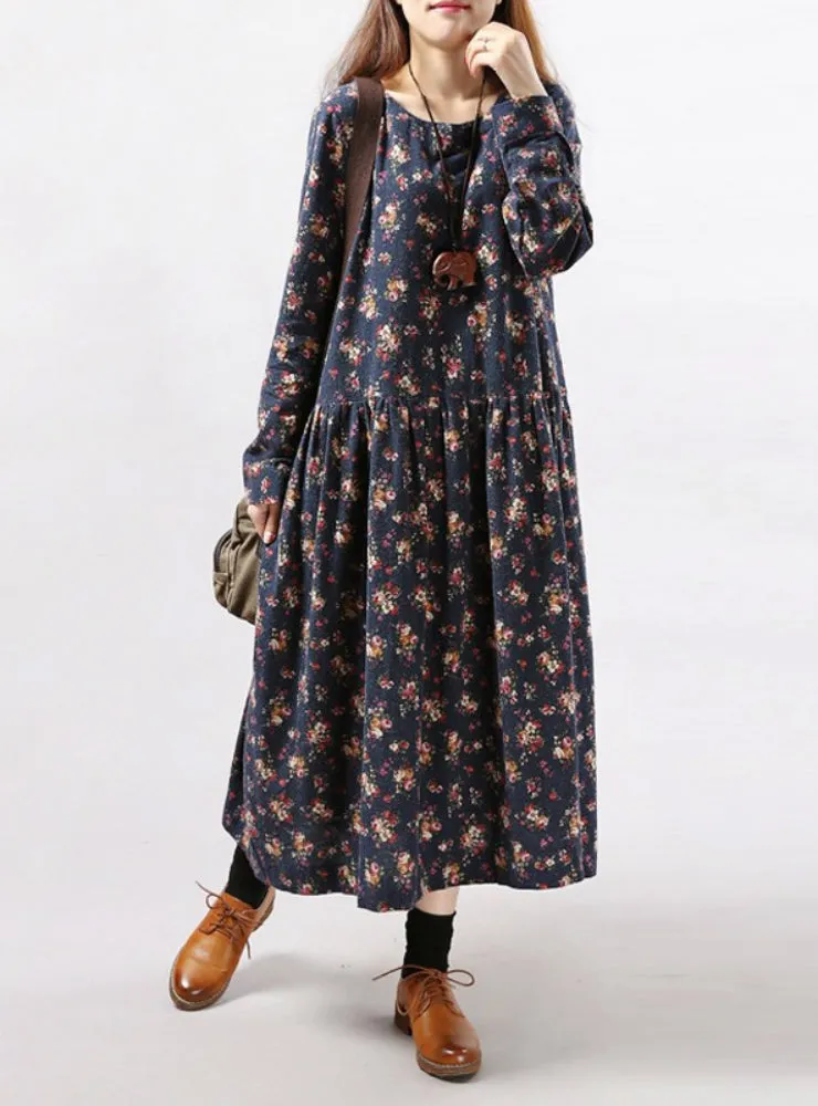 Women Vintage Floral Print Dress Long Sleeve O Neck Pockets