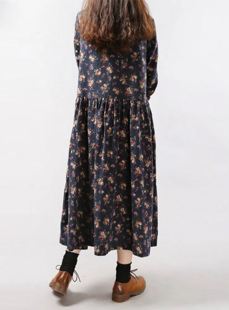 Women Vintage Floral Print Dress Long Sleeve O Neck Pockets