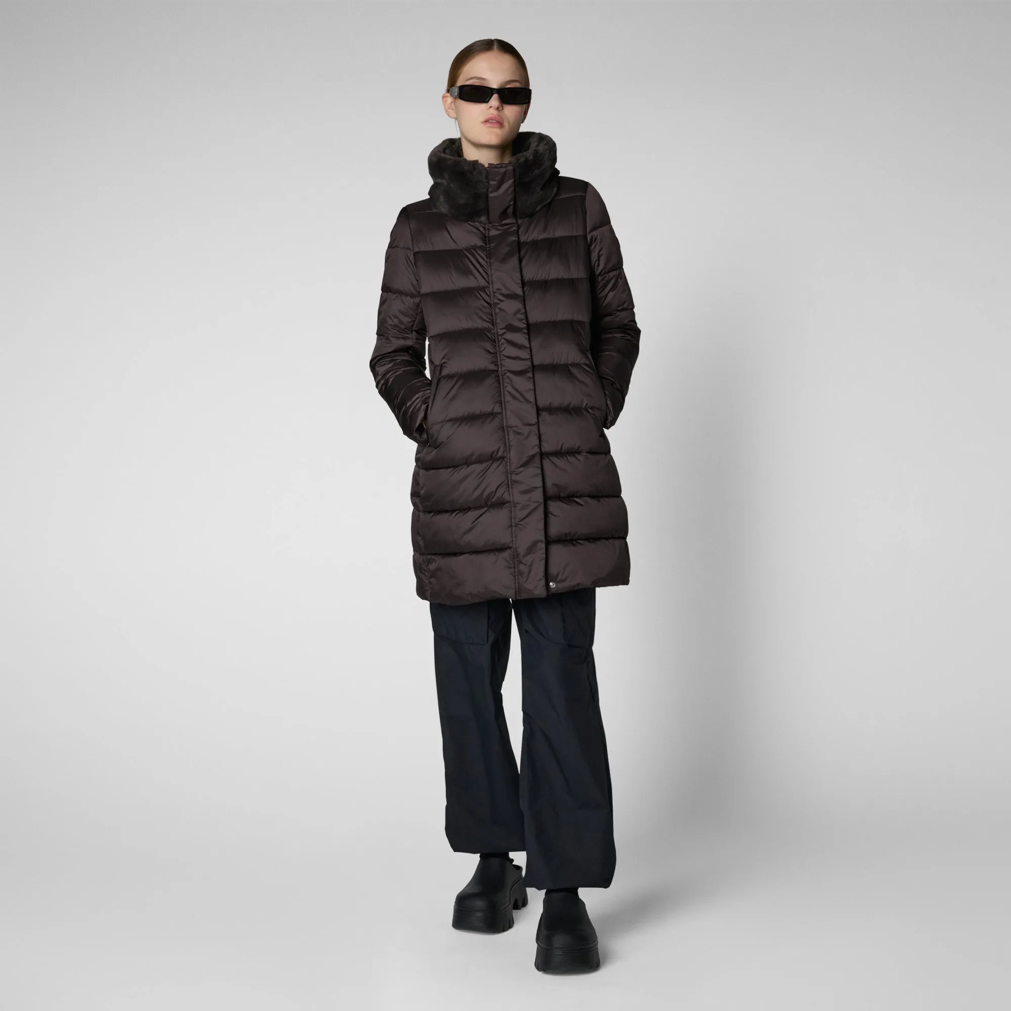 Women's Animal free Puffer Coat Dalea with Faux Fur Collar in Brown Black