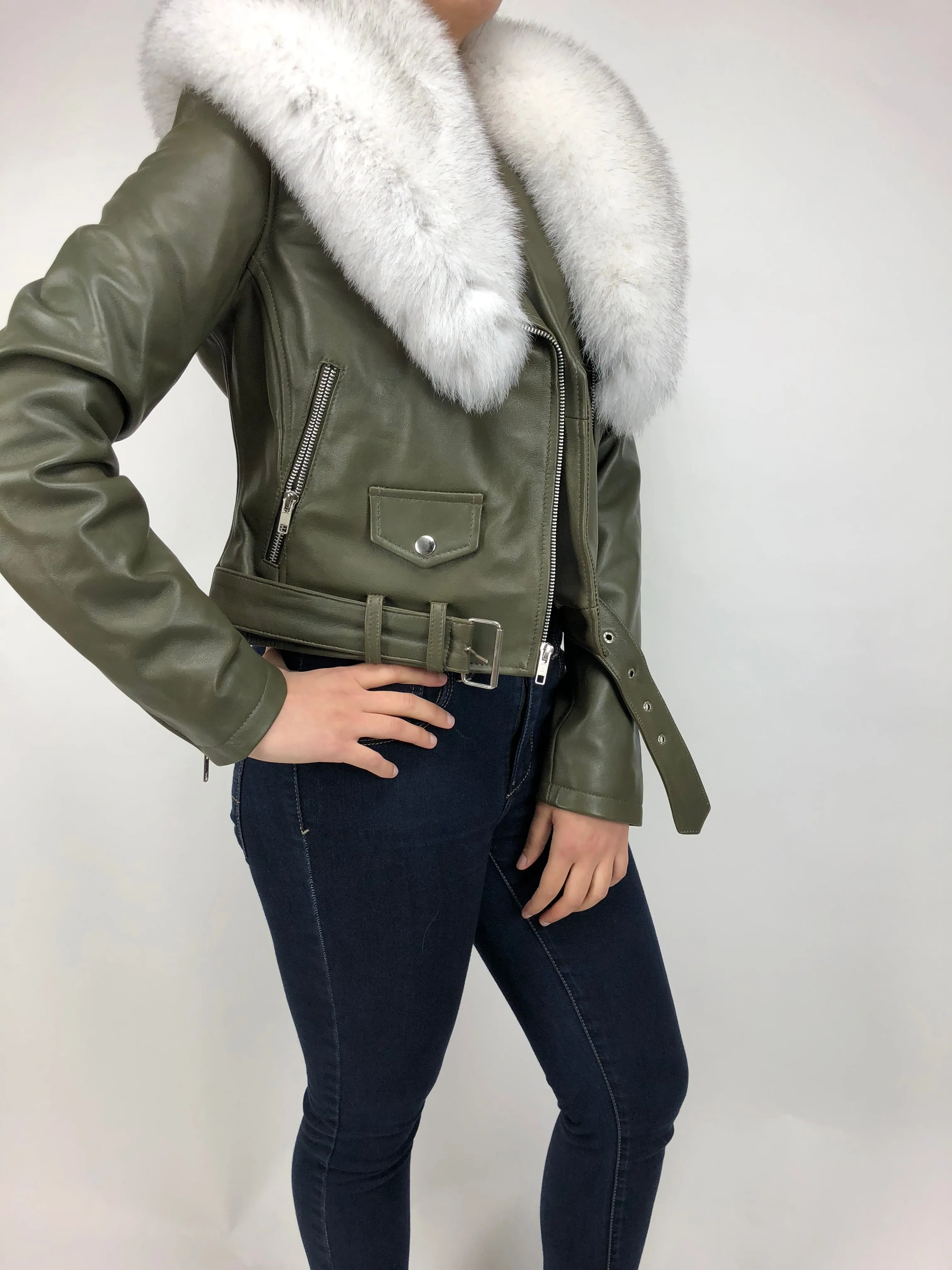 Women's Classic Biker Olive Green With Fox Collar [Slim Fit]