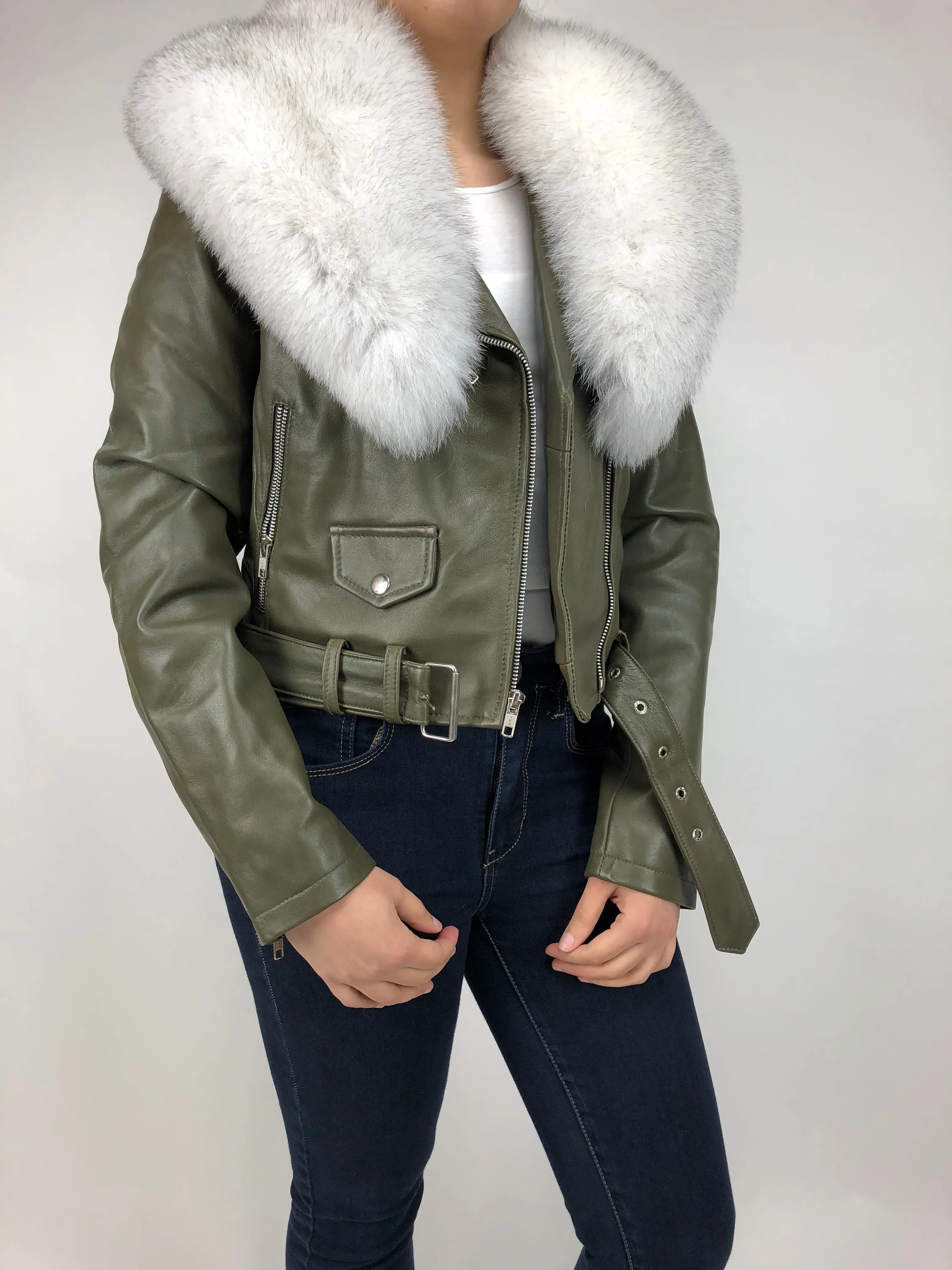 Women's Classic Biker Olive Green With Fox Collar [Slim Fit]