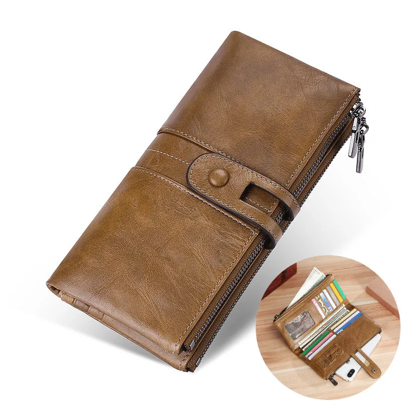 Women's Genuine Leather RFID Wallet Long Zipper Hasp Wallet Vintage Men's Handheld Mobile Coin Purse